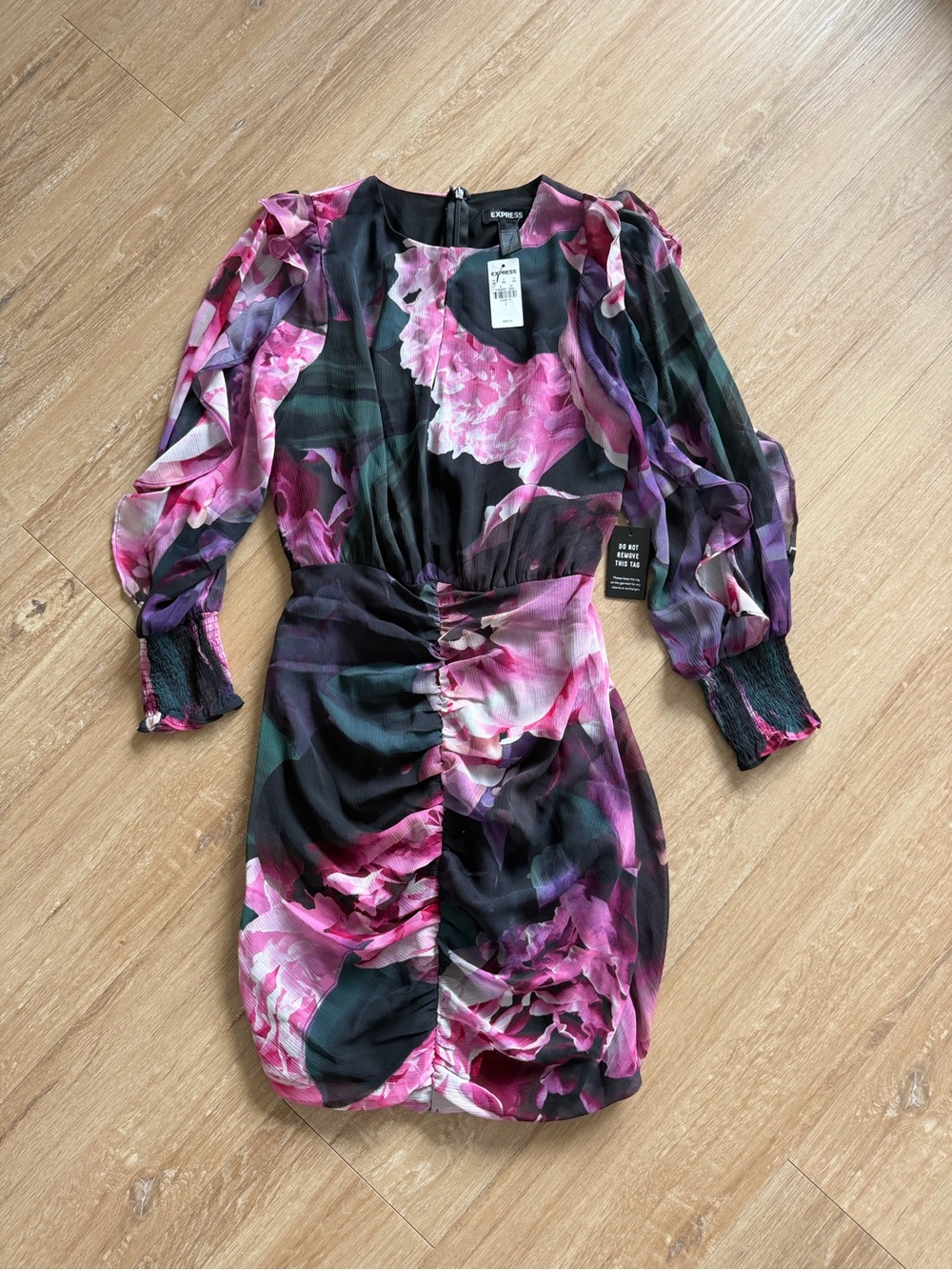 Express Black & Pink Floral Long Sleeve Ruched Mini Dress